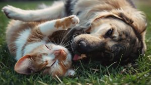 chien et chat heureux dans l'herbe 1
