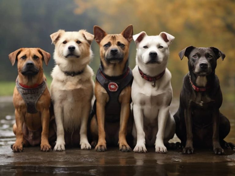 5 chiens de différentes races cote a cote