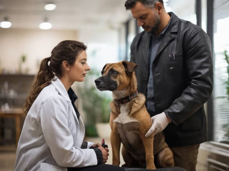 chien allergique avec son maitre chez le veterinaire