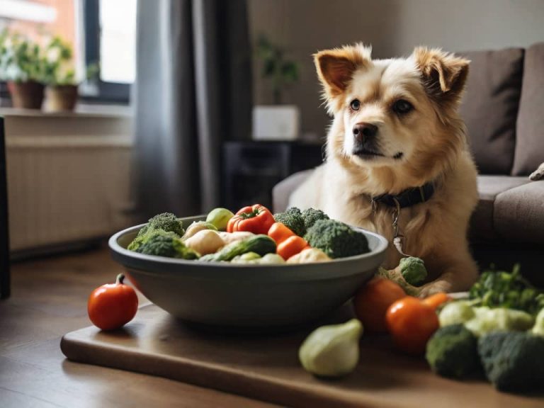 chien avec une gamelle avec un repas fait maison avec des legumes