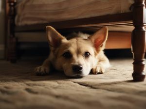 chien qui se cache sous le lit
