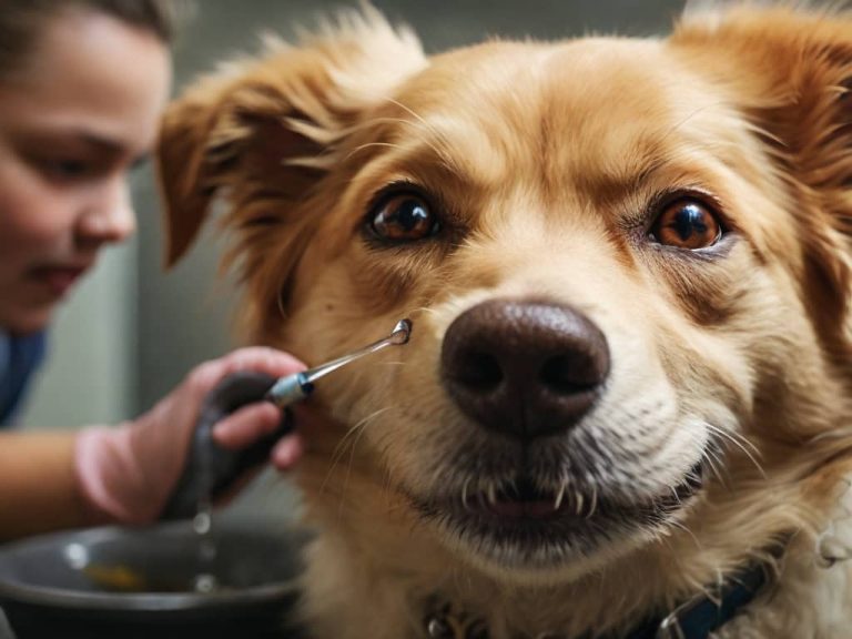 veterinaire qui met des gouttes dans les yeux d'un chien