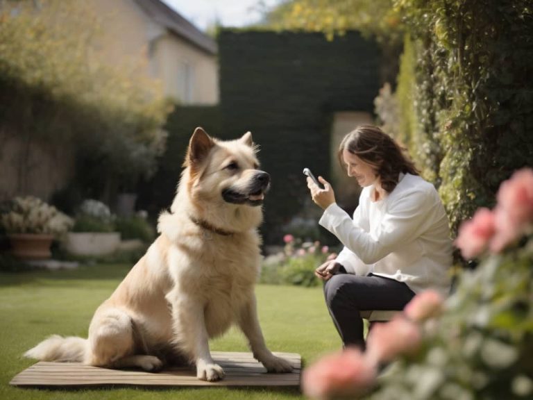 berger allemand qui communique avec son maitre dans un jardin