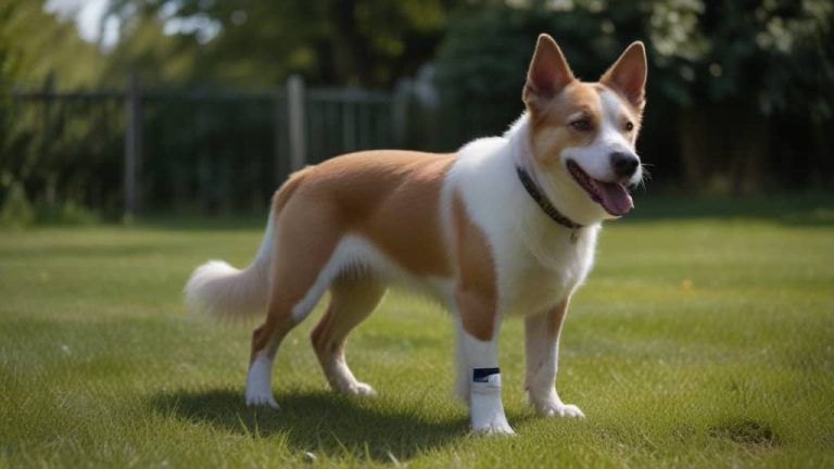 husky avec un coussinet blessé et un bandage sur la patte